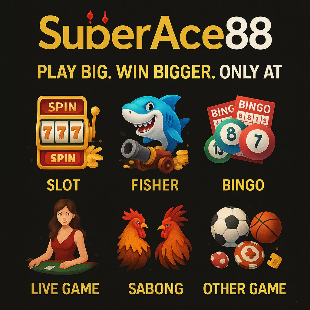 3-687384bdac601 A colorful promotional graphic for SuperAce88 online casino featuring the SuperAce88 logo at the top with red Chinese decorative icons. Below the slogan "PLAY BIG. WIN BIGGER. ONLY AT," six vibrant game icons are displayed: a classic slot machine labeled "SLOT", a cartoon shark with a cannon and gold coins for "FISHER", bingo cards and balls for "BINGO", a female dealer at a table labeled "LIVE GAME", two roosters in battle pose for "SABONG", and mixed sports and gaming symbols (football, basketball, poker chips) under "OTHER GAME". The background is dark with gold sparkles throughout.