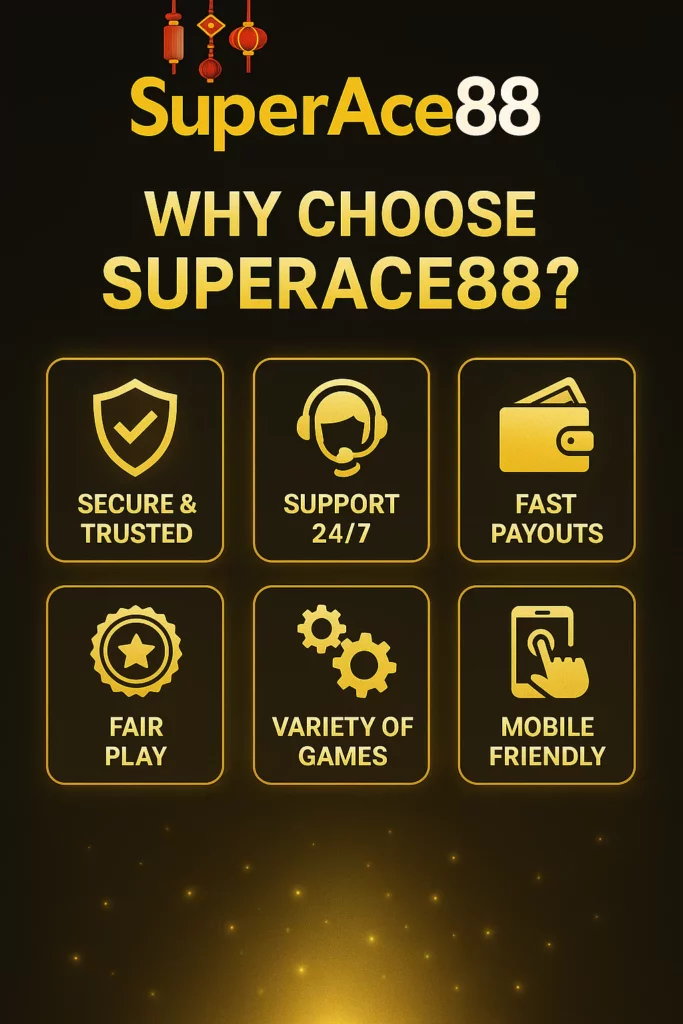 casino-game1-687384c29fe01 A promotional onboarding graphic for SuperAce88 casino with a dark background and gold text. At the top, the bold heading reads "HOW TO START?" followed by three simple steps: "1 REGISTER" with a user icon, "2 DEPOSIT" with a wallet icon, and "3 PLAY" with a laptop and play button icon. Below the steps, the SuperAce88 logo is centered, accented with festive Chinese lantern icons on the left and flying gold coins on the right, all surrounded by small glowing particles.