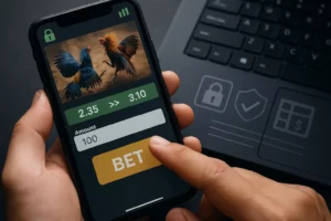 Image of secure online betting with a smartphone displaying cockfighting odds, a bet button, and security icons, symbolizing real-time updates, instant confirmations, safe payment processing, and transparent winning calculations.