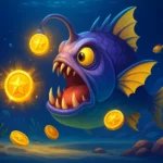 Underwater boss battle scene featuring a giant glowing anglerfish with sharp teeth, surrounded by shining golden coins, colorful coral reefs, and smaller fish swimming in the deep ocean.