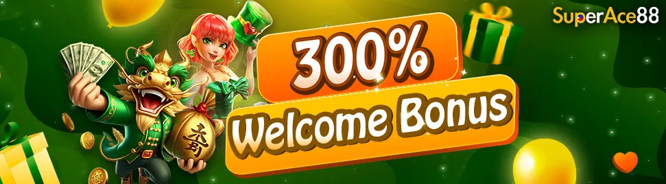 Promotional banner for SuperAce88 showing a dragon character holding cash and a female mascot with a gift, highlighting “300% Welcome Bonus” with coins, presents, and festive green background.